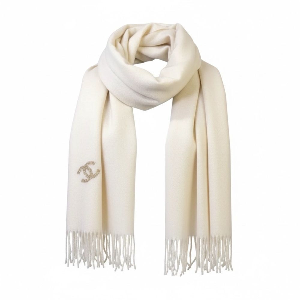 Auth Chanel 100% Creamy White Cashmere CC Gold Sequins Stole Scarf Muffler Wrap